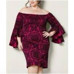 Venus Women’s Size 22 Off the Shoulder Bell Sleeve Bodycon Dress Red Knee Length